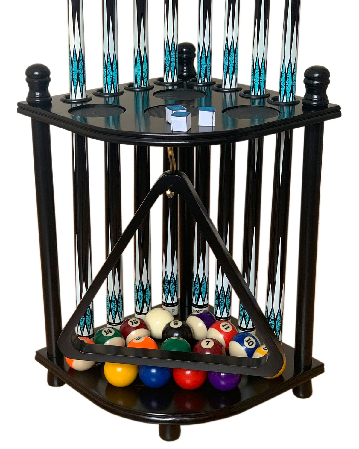 GACCO BILLIARDS Floor Pool Cue Rack Hold 8 Cue Sticks & Billiard Accessories. Corner Stand Pool Cue Holder Made of 100% Solid Hardwood. Provided Ball Rack Hook. CUE RACK ONLY (Black)