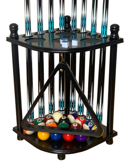 GACCO BILLIARDS Floor Pool Cue Rack Hold 8 Cue Sticks & Billiard Accessories. Corner Stand Pool Cue Holder Made of 100% Solid Hardwood. Provided Ball Rack Hook. CUE RACK ONLY (Black)